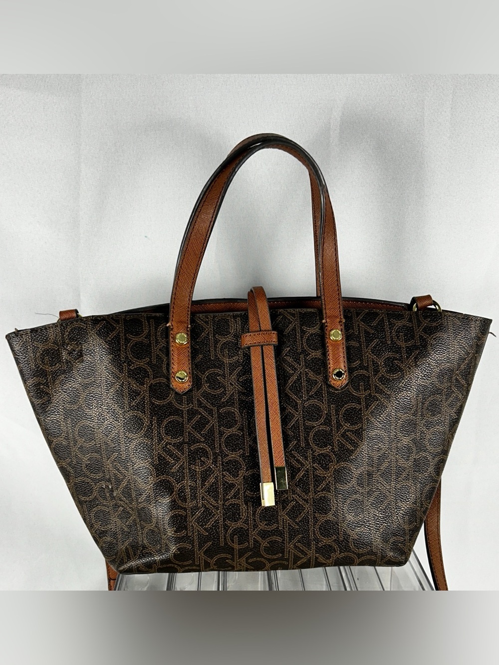 Calvin Klein Dark Brown Monogram Tote with Tan Handles
